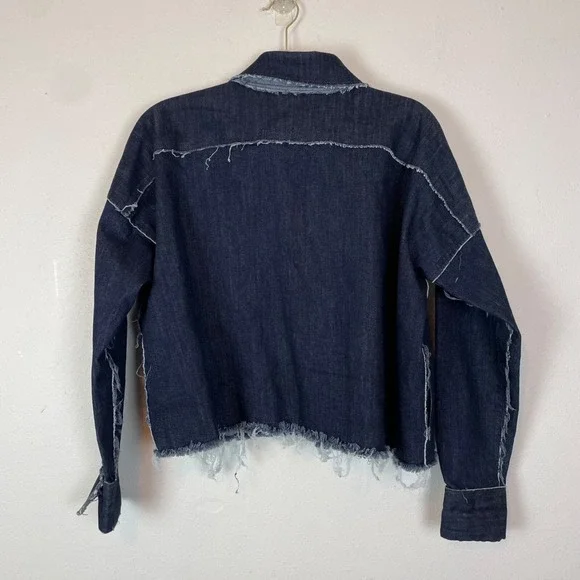 Norma Kamali Woman's S Frayed Seam‎ Jean Jacket Spring Cropped Collared